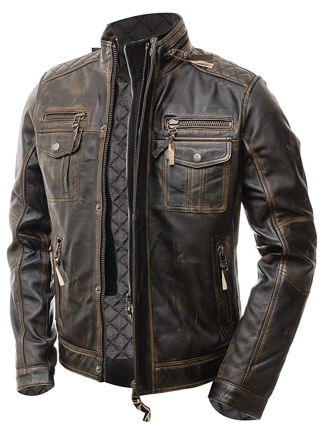 Brown Leather Jacket Mens Cafe Racer Real Lambskin Leather Distressed Motorcycle Jacket