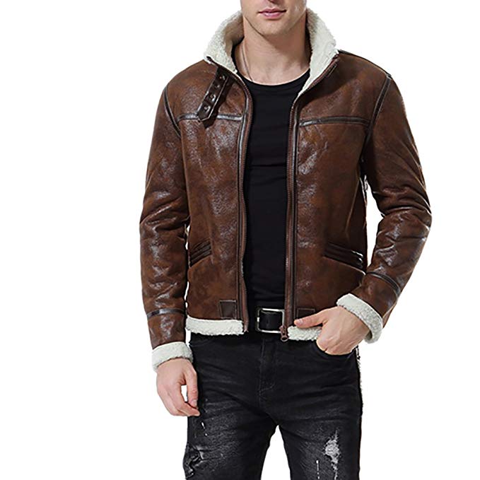 XQS Mens Faux Leather Jacket Brown Motorcycle Bomber Shearling Stand Collar Coat