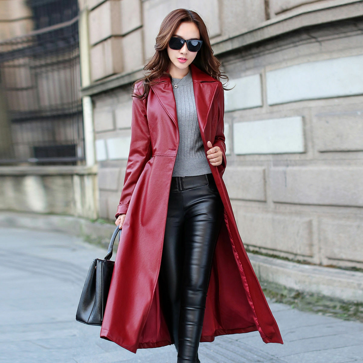 Women's Leather Trench Coat Genuine Soft Lambskin Winter Long Overcoat